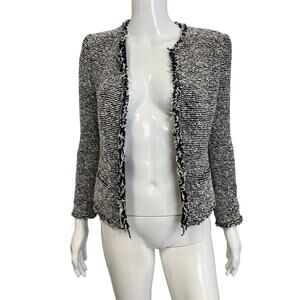 IRO Black White Tweed Azure Fringe Trim Open Blazer Jacket 34 US XS